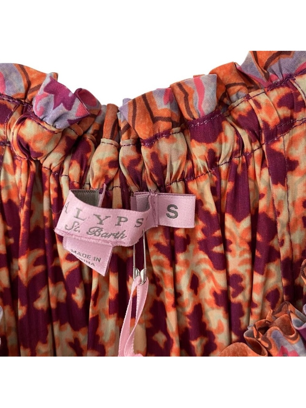 Calypso St. Barth Ardelle NWTS Maxi Ruffle Dress Purple Rust Batik Print small - Picture 4 of 12
